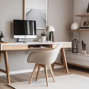 A home office with a white desk